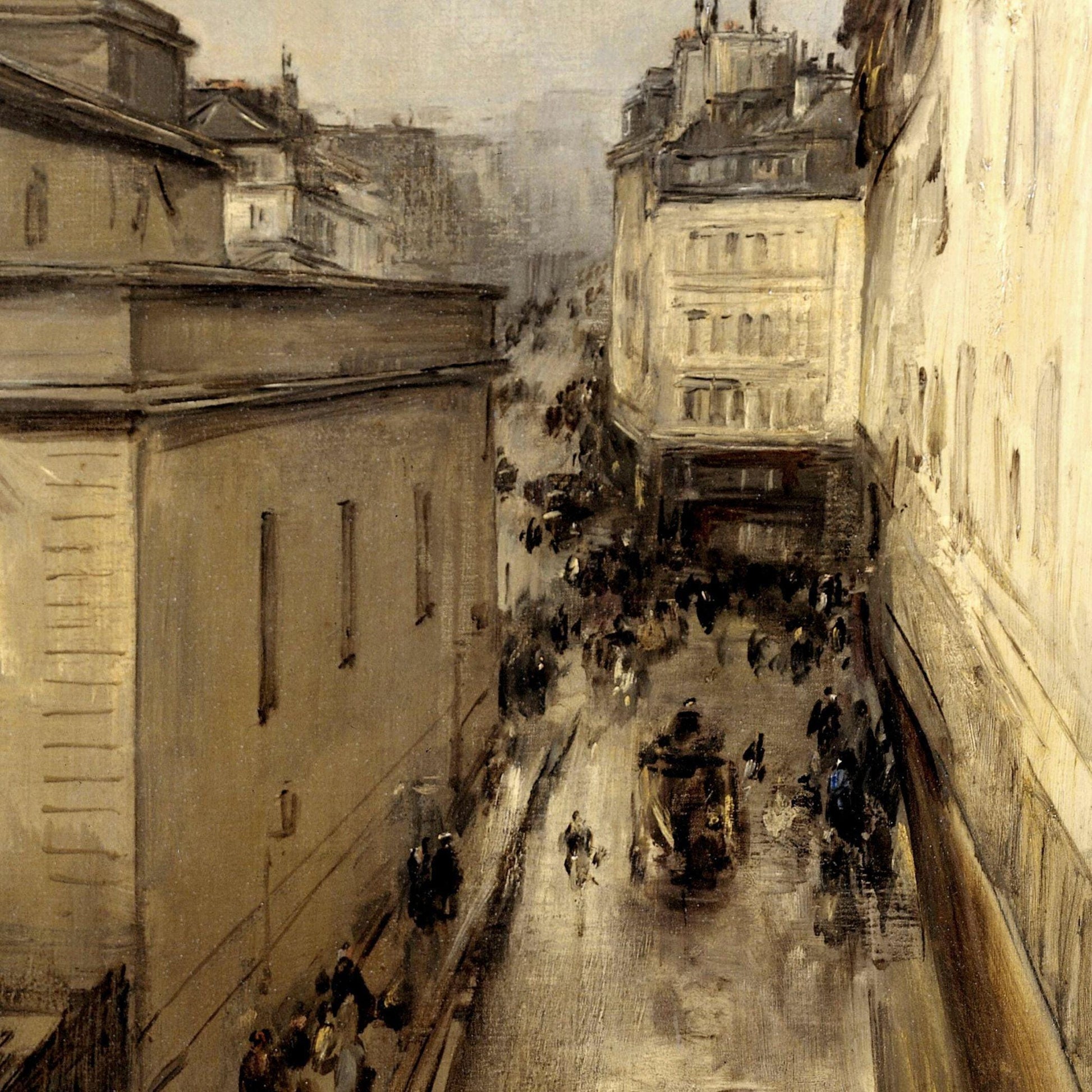 Painting of a busy street scene with people and horse-drawn carriages in an urban setting.