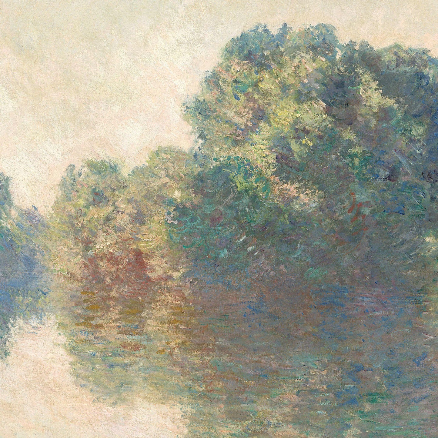 Painting of trees reflected in water with a textured background