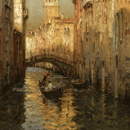 Painting of a canal scene with boats and a bridge in an urban setting