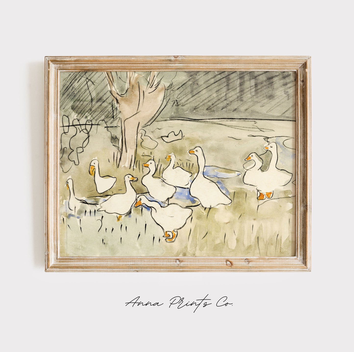 Vintage art print of Ducks Kids Nursery Decor Painting displayed in wooden frame