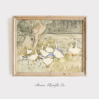 Vintage art print of Ducks Kids Nursery Decor Painting displayed in wooden frame
