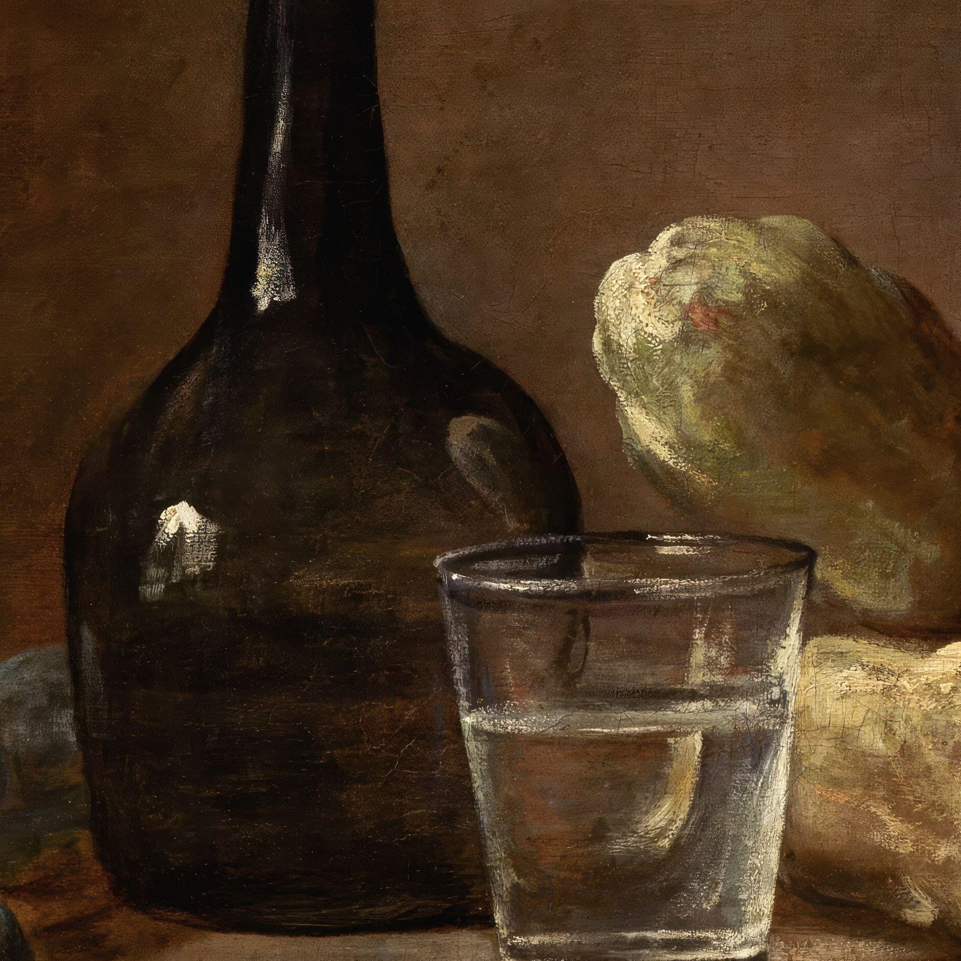 Still life painting with a dark bottle, glass of water, and lemon on a wooden surface.