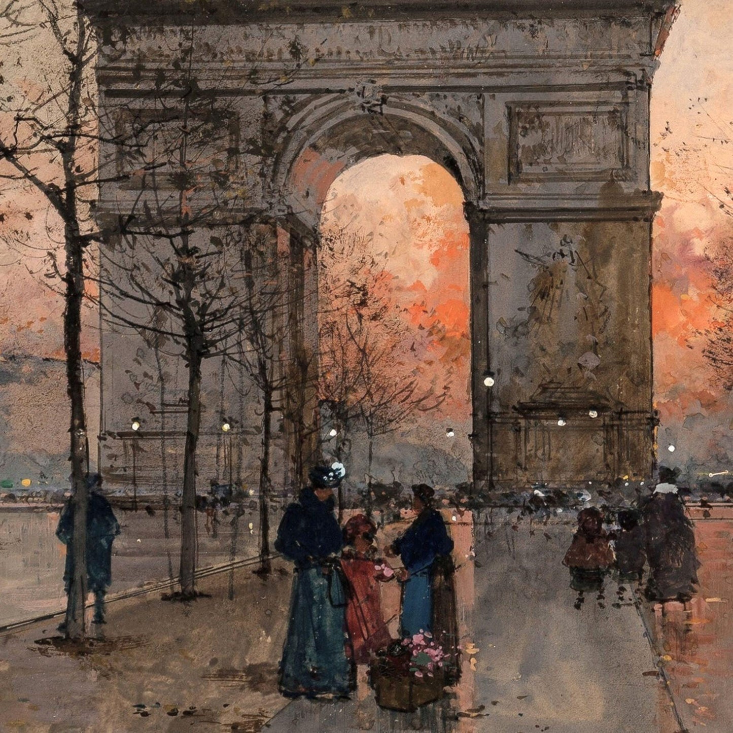 Painting of a city street scene with people and an archway at dusk.