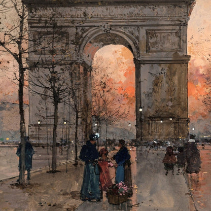 Painting of a city street scene with people and an archway at dusk.