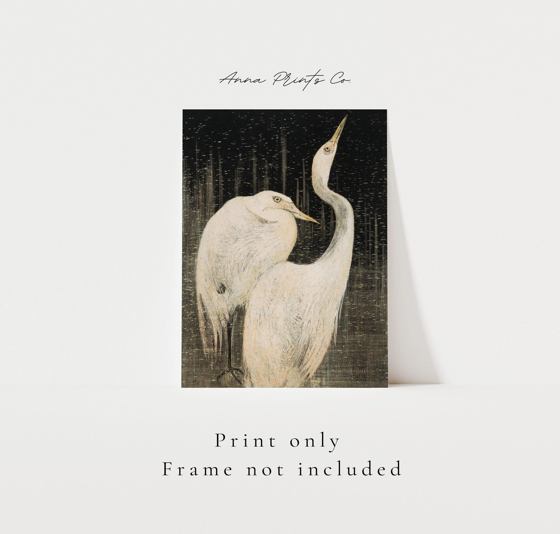 Vintage art print of Two Egrets Bird Artwork with text overlay stating frame not included