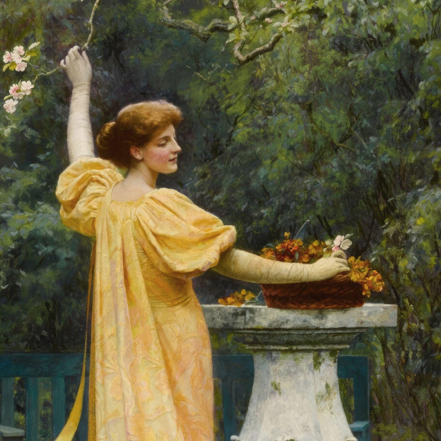 Woman in a yellow dress holding a basket of flowers in a garden setting