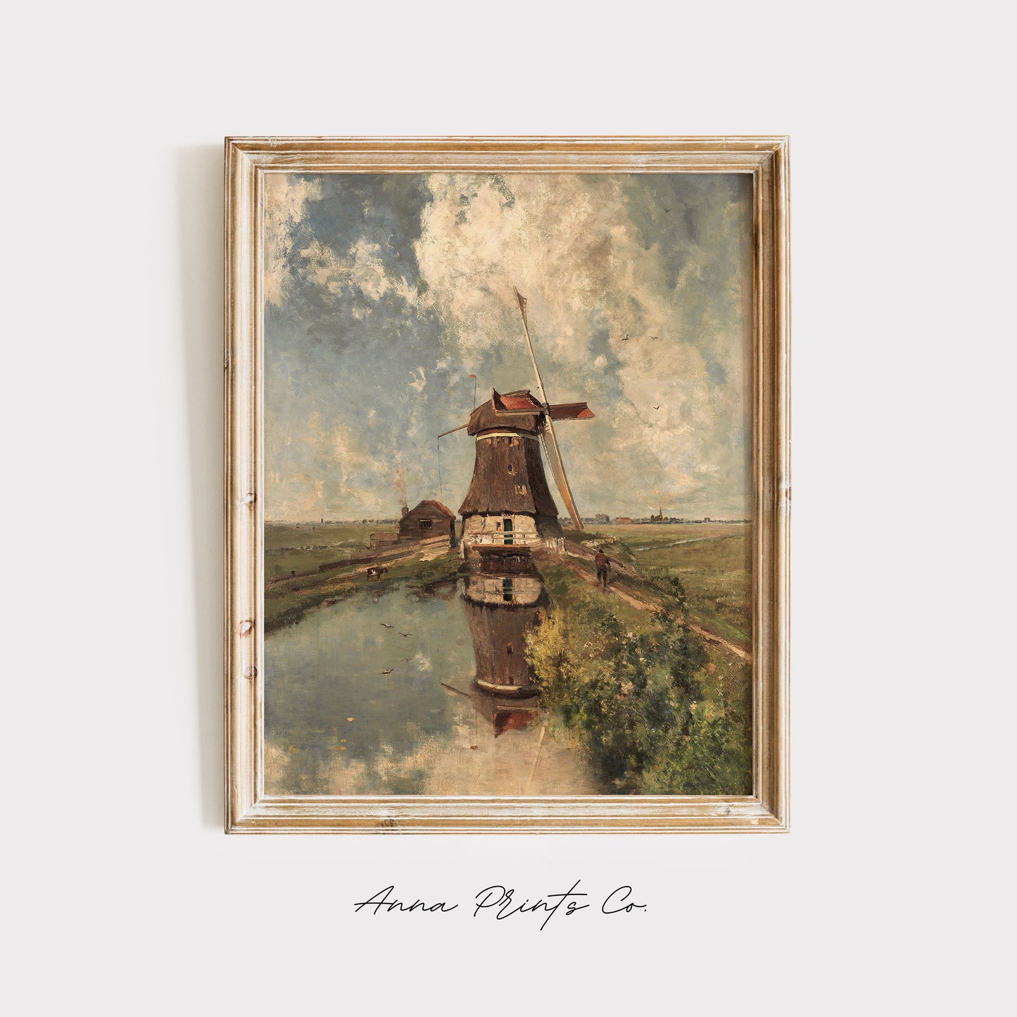 Vintage art print of Windmill Landscape Painting displayed in wooden frame