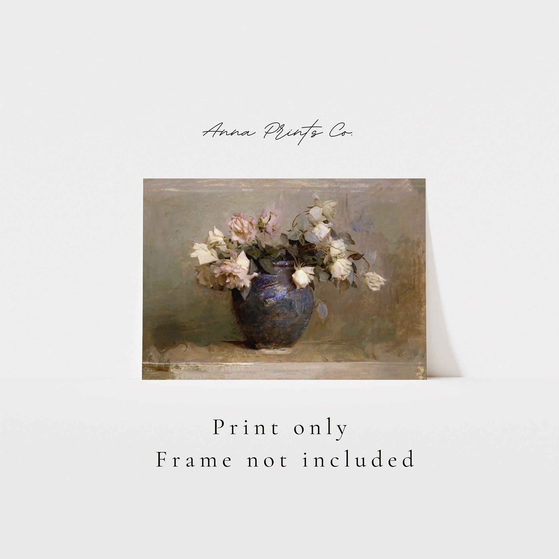 Vintage art print of Roses Floral Still Life Painting with text overlay stating frame not included