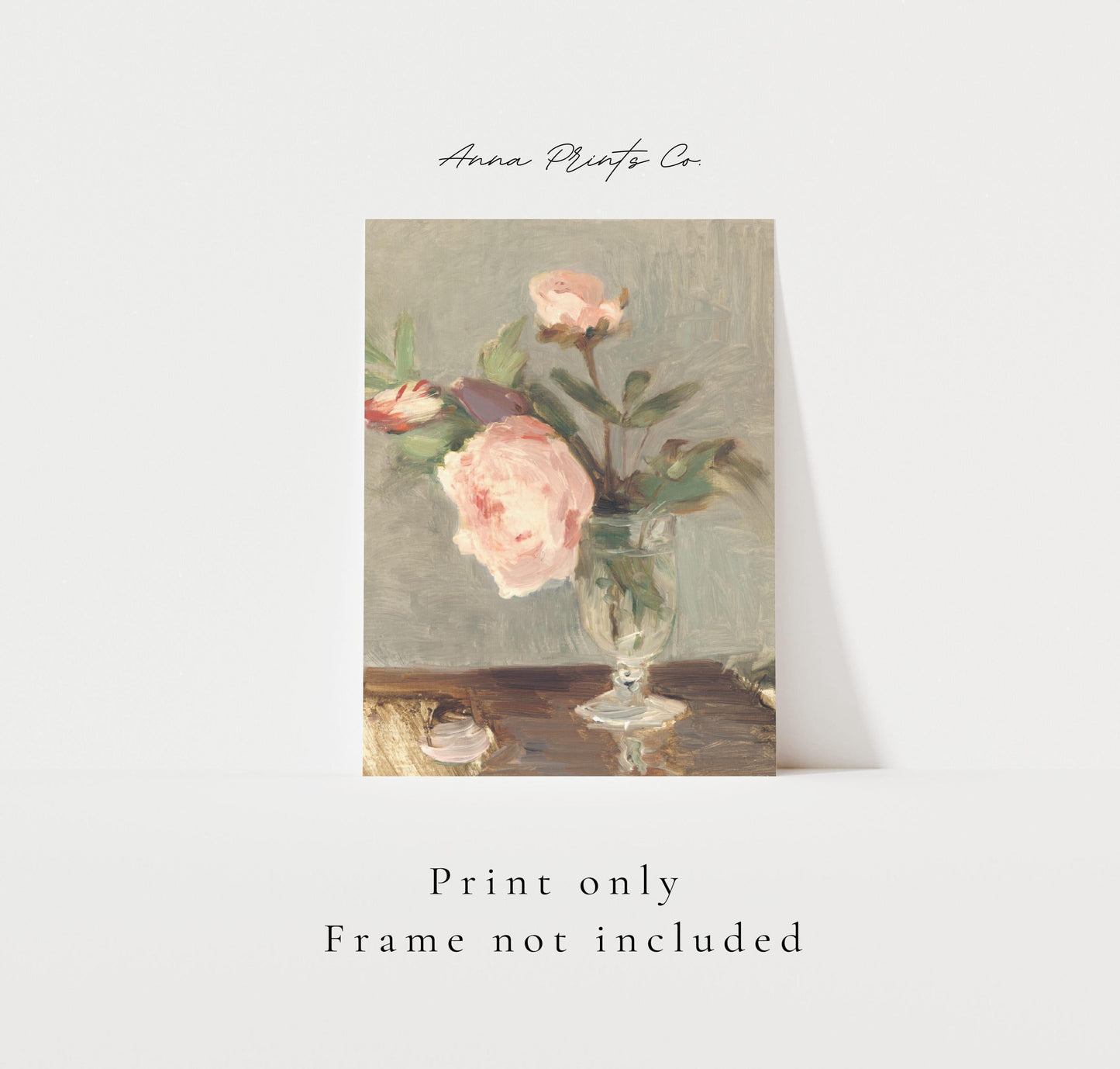 Vintage art print of Peonies by Morisot, vertical) with text overlay stating frame not included