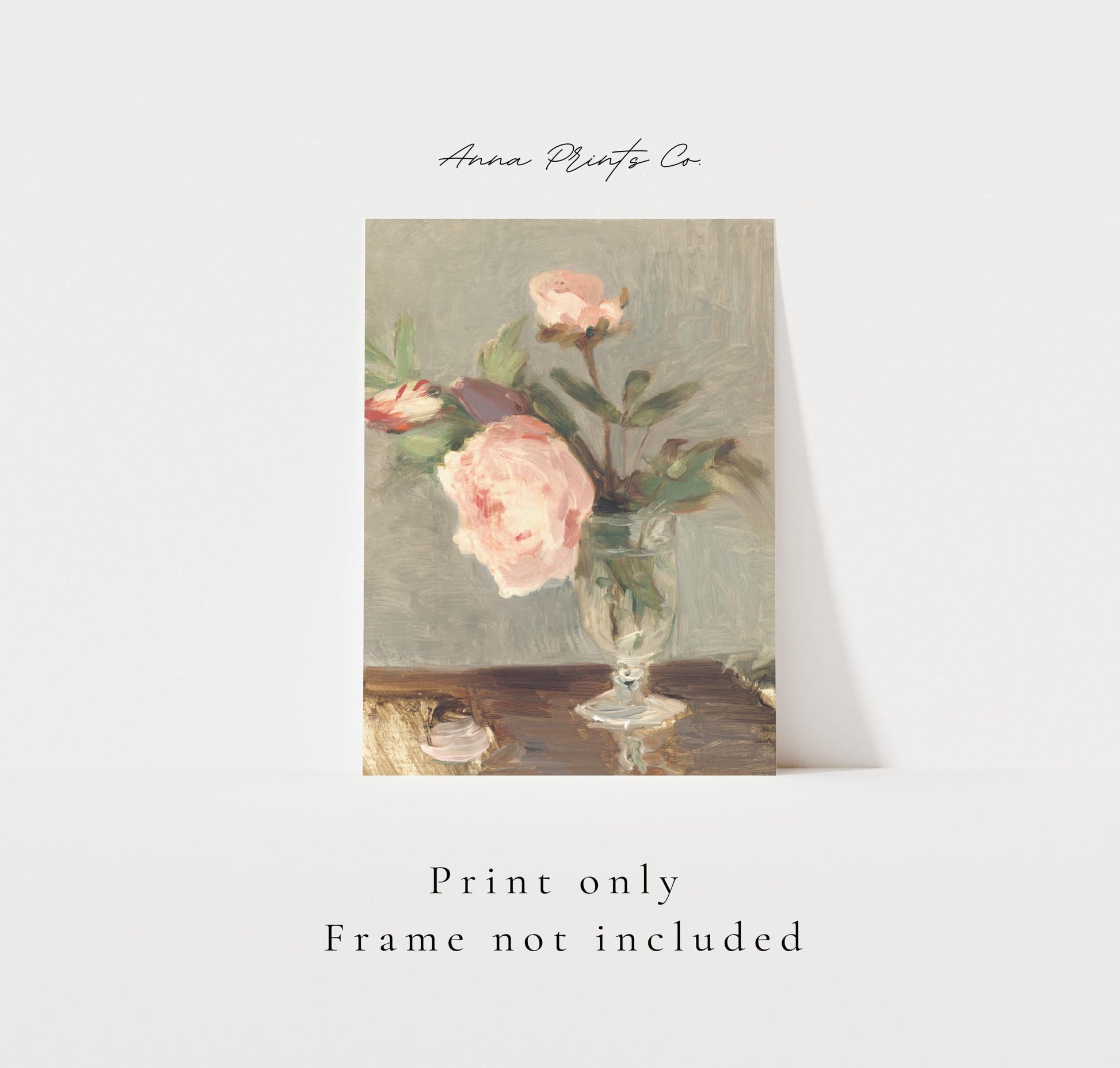 Vintage art print of Peonies by Morisot, vertical) with text overlay stating frame not included