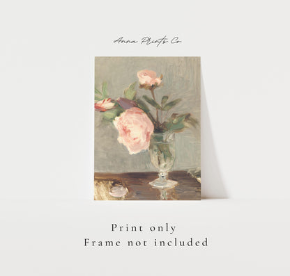 Vintage art print of Peonies by Morisot, vertical) with text overlay stating frame not included