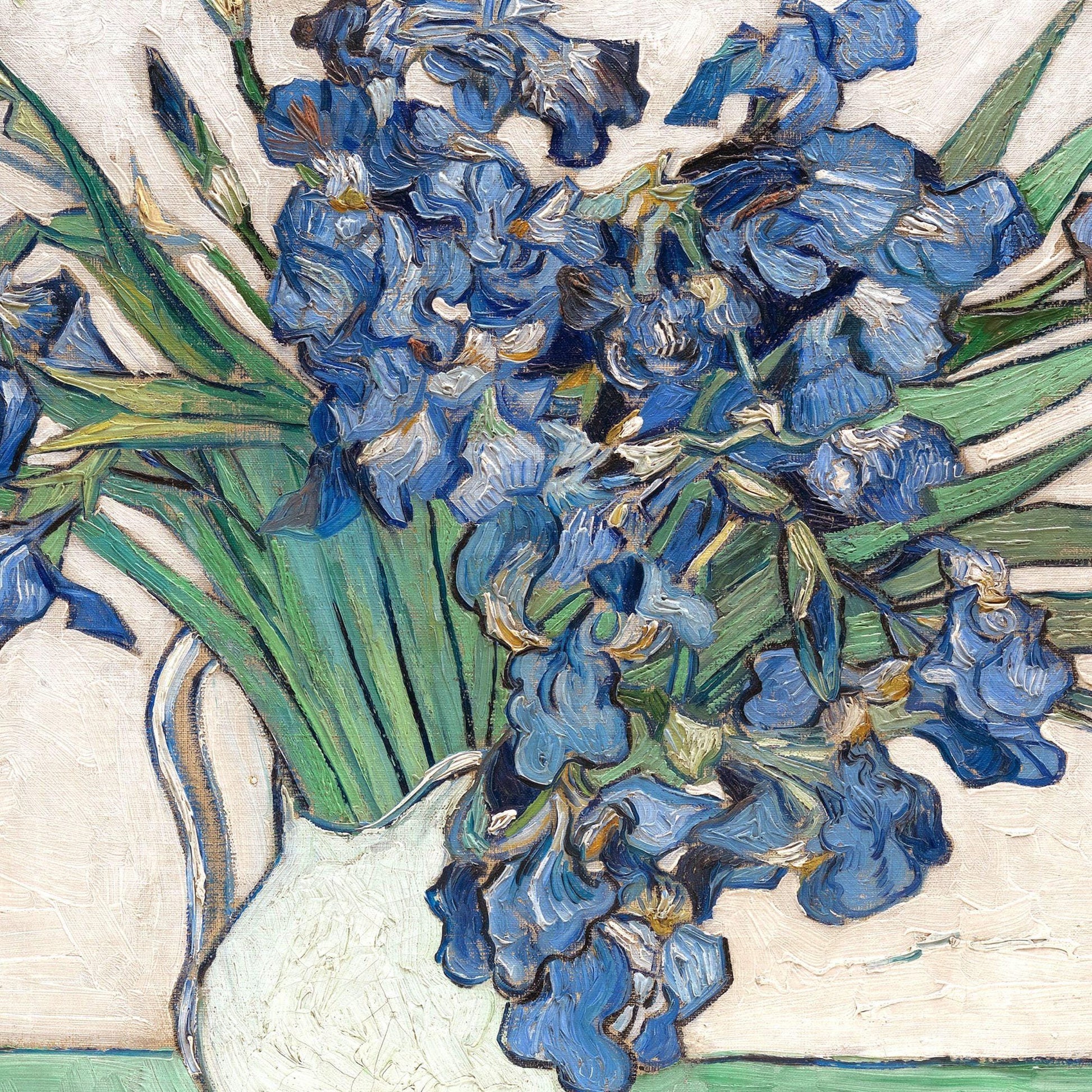 Painting of blue flowers in a white vase by Van Gogh