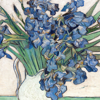 Painting of blue flowers in a white vase by Van Gogh