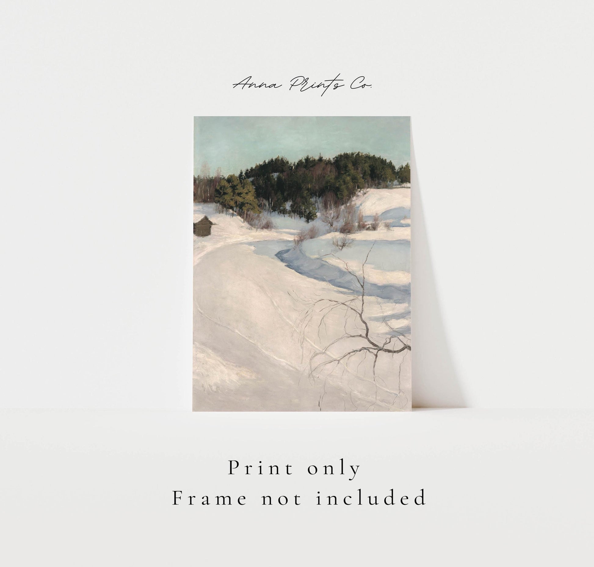 Vintage art print of Winter landscape Snowy Forest with text overlay stating frame not included