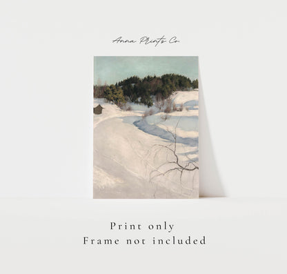 Vintage art print of Winter landscape Snowy Forest with text overlay stating frame not included