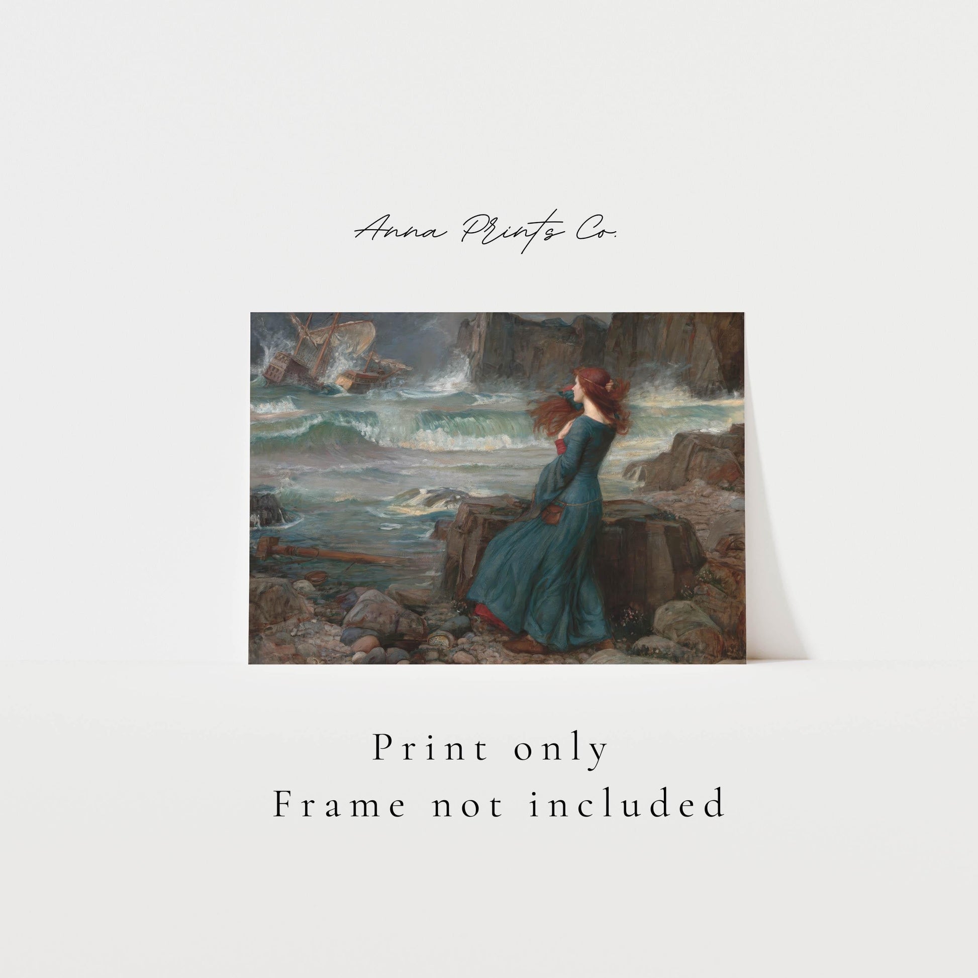 Vintage art print of Miranda- The Tempest by Waterhouse with text overlay stating frame not included