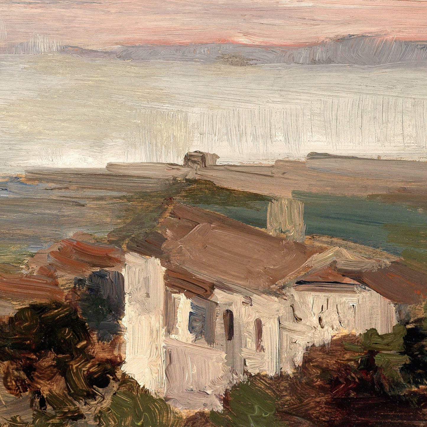 Painting of a house with a landscape in the background