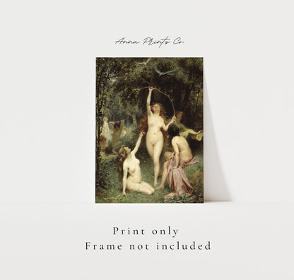 Vintage art print of Nymphs in a Forest Classical Painting with text overlay stating frame not included