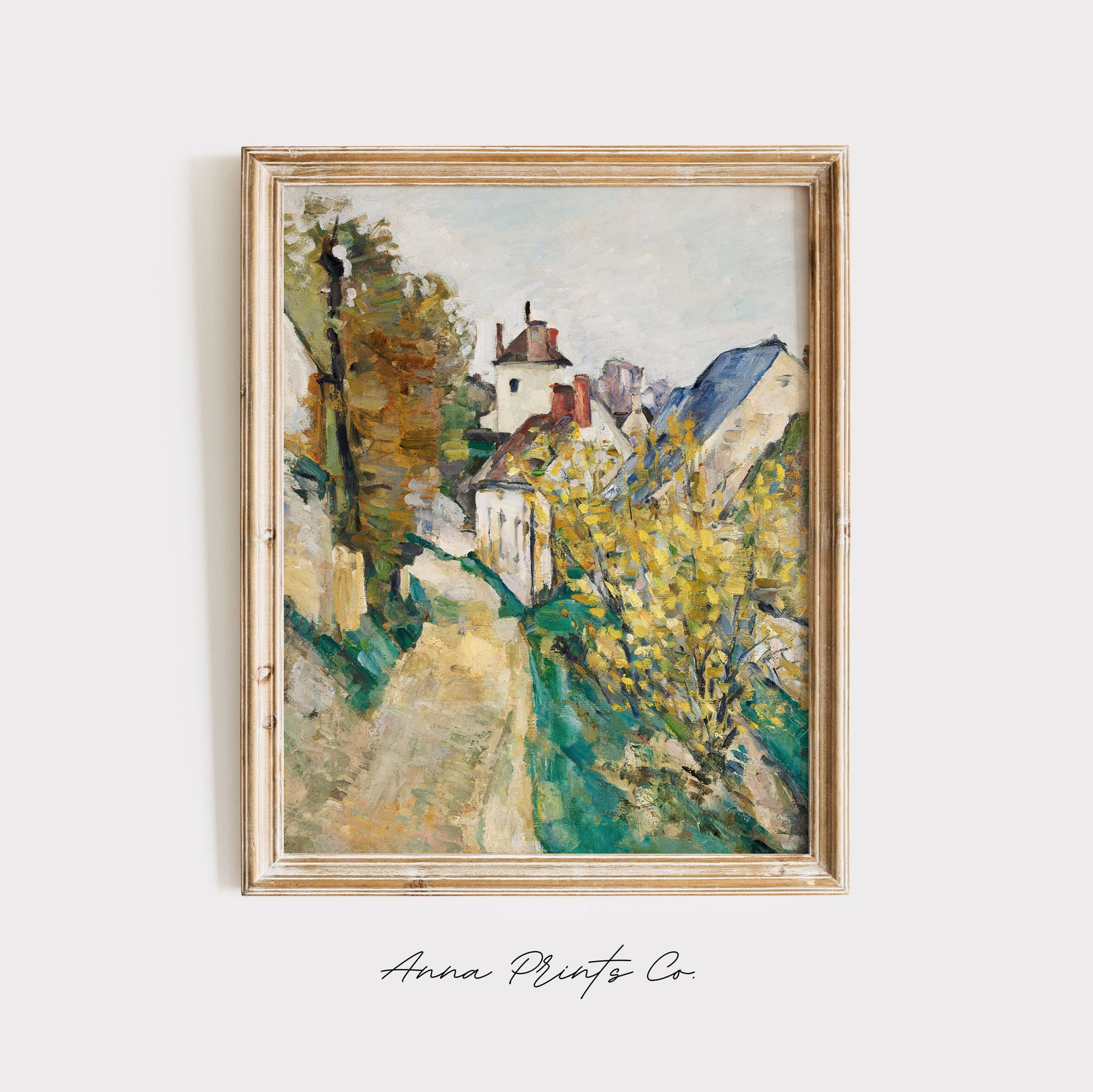 Vintage art print of The House of Dr. Gachet by Cézanne displayed in wooden frame