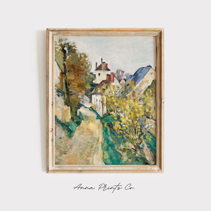 Vintage art print of The House of Dr. Gachet by Cézanne displayed in wooden frame