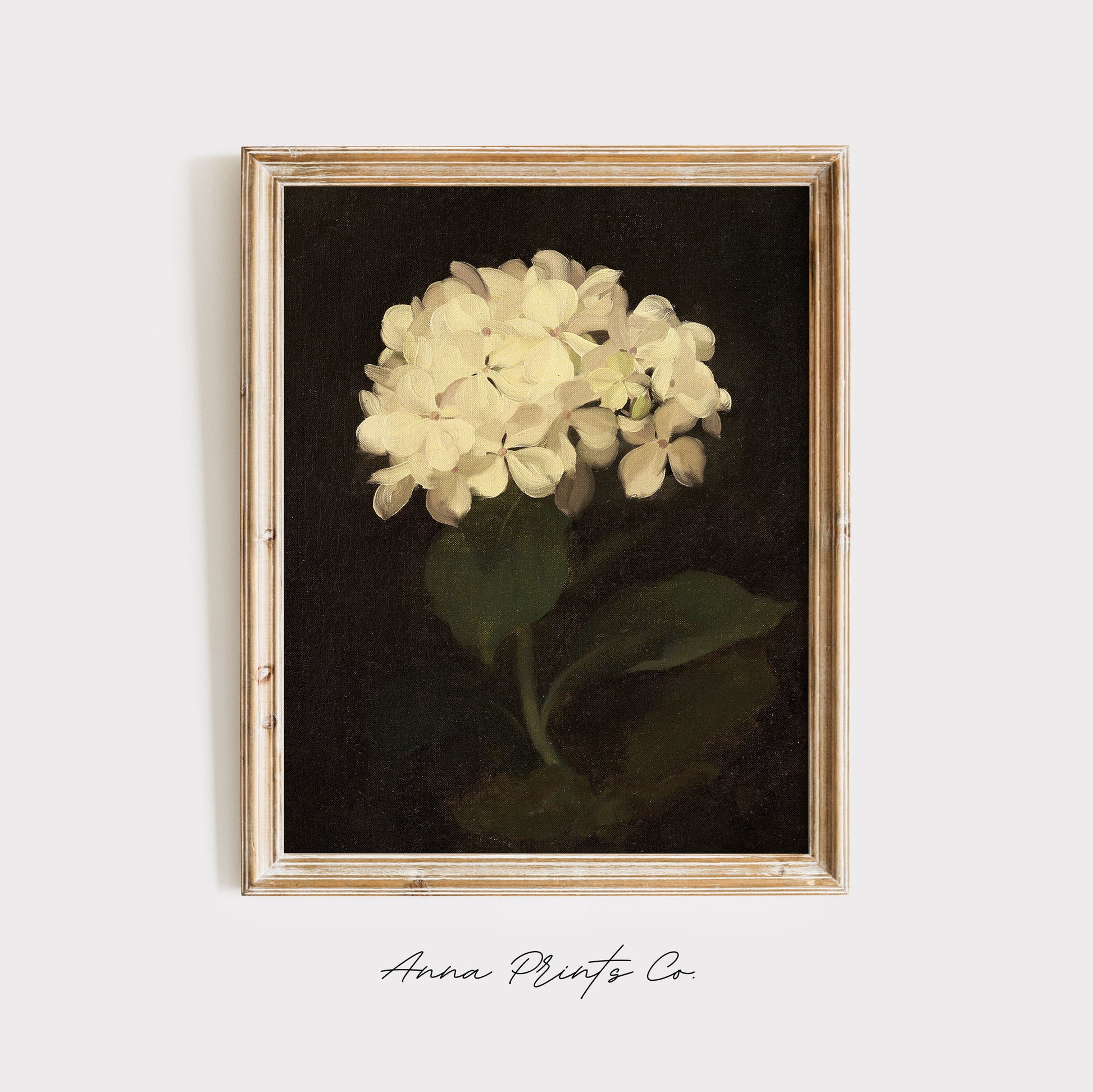 Vintage art print of White Hydrangea Moody Still Life displayed in wooden frame