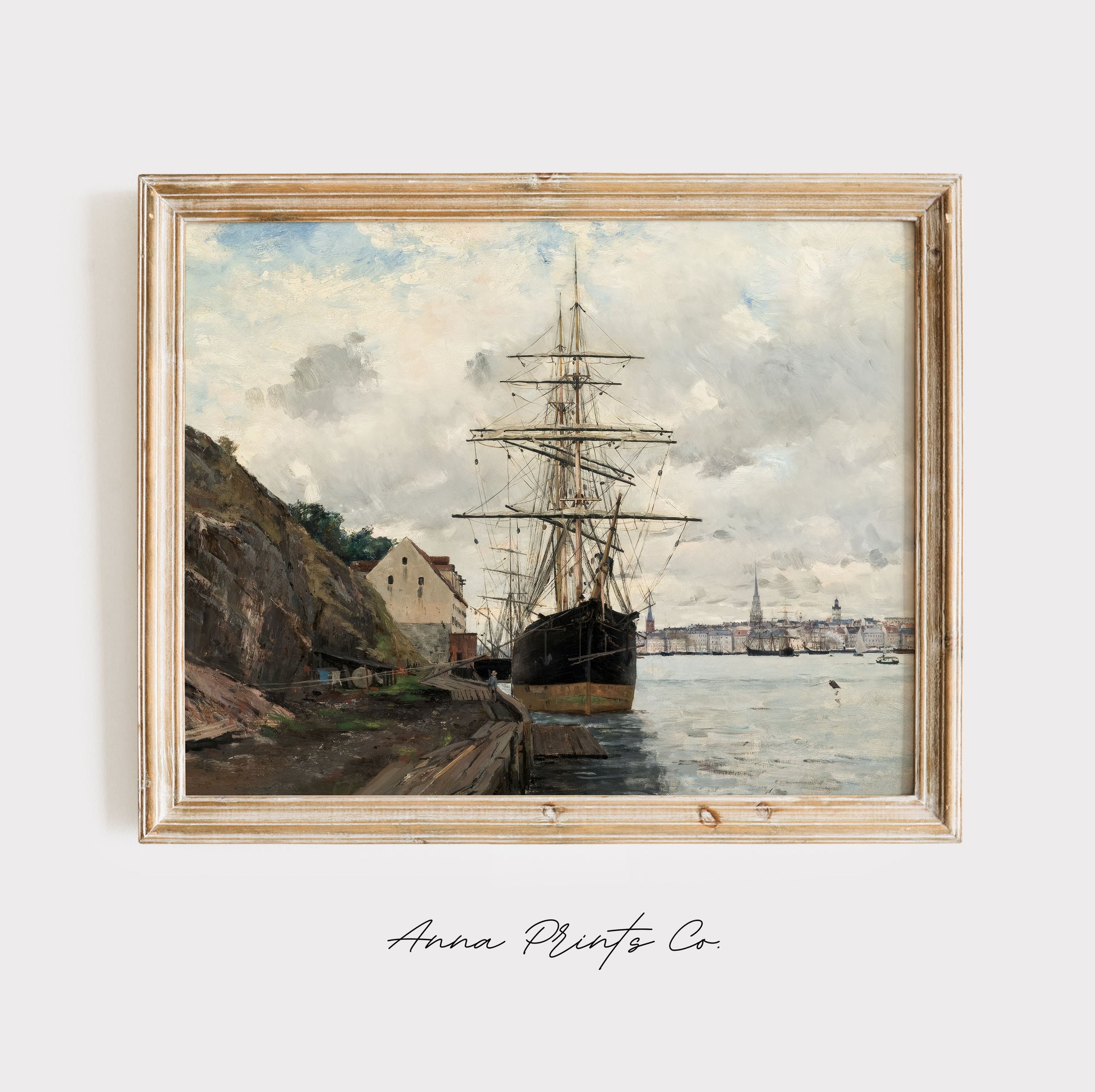 Vintage art print of Ship in Harbor Ocean Artwork displayed in wooden frame