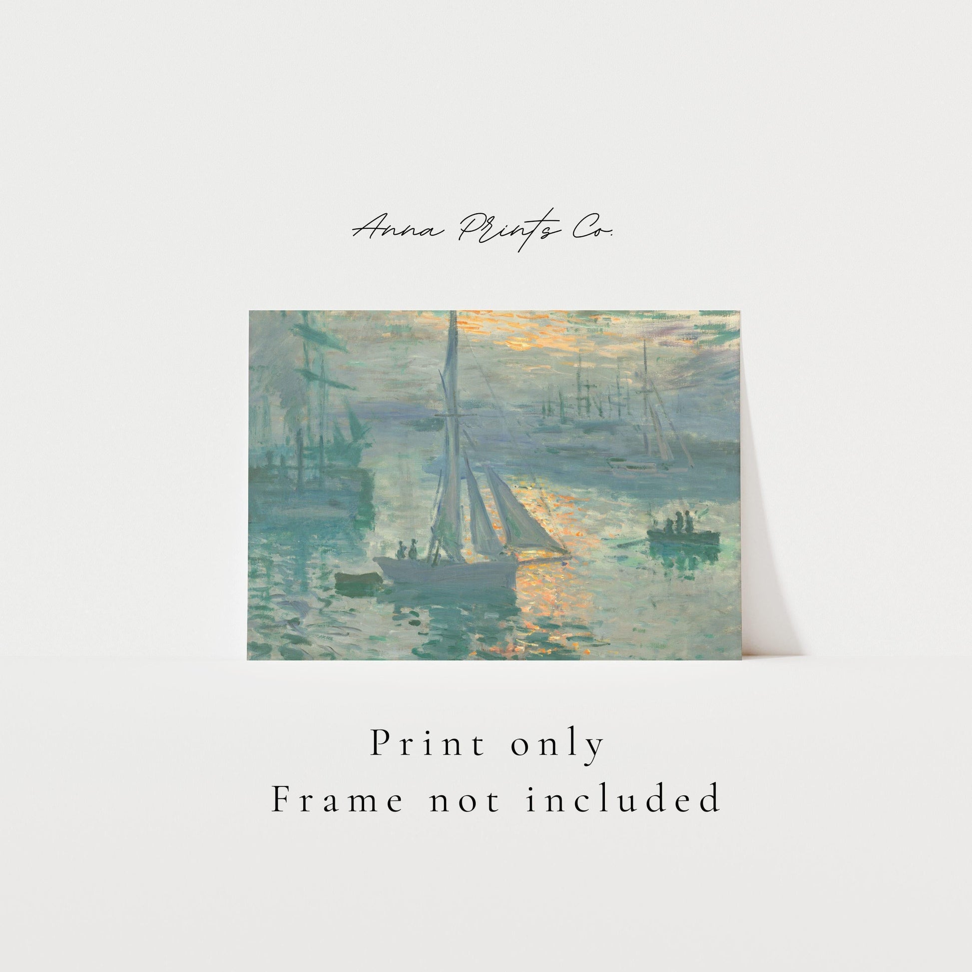 Vintage art print of Sunrise by Monet with text overlay stating frame not included