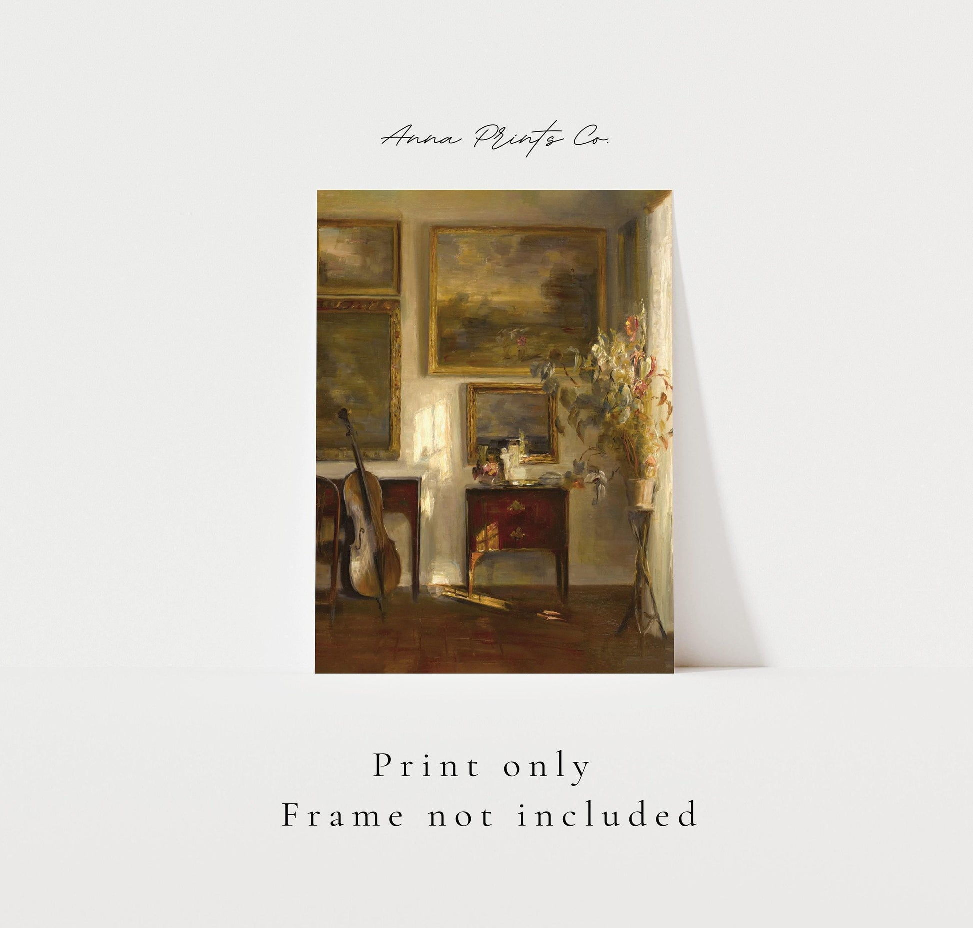 Vintage art print of Interior with Cello Antique Painting with text overlay stating frame not included