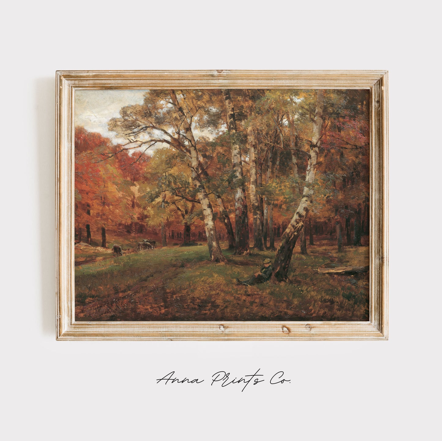 Vintage art print of Landscape with Birch Trees Painting displayed in wooden frame