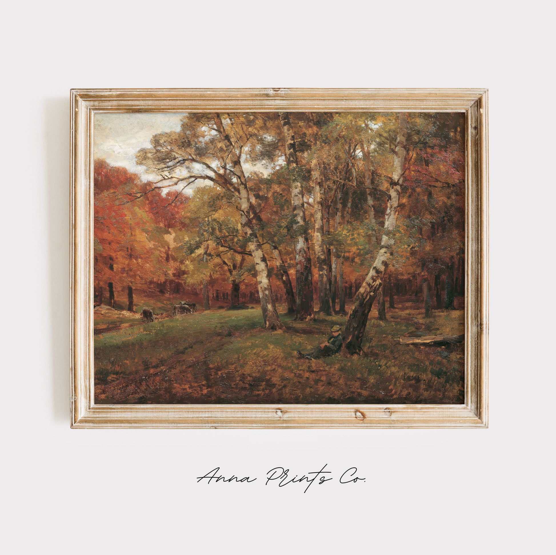 Vintage art print of Landscape with Birch Trees Painting displayed in wooden frame