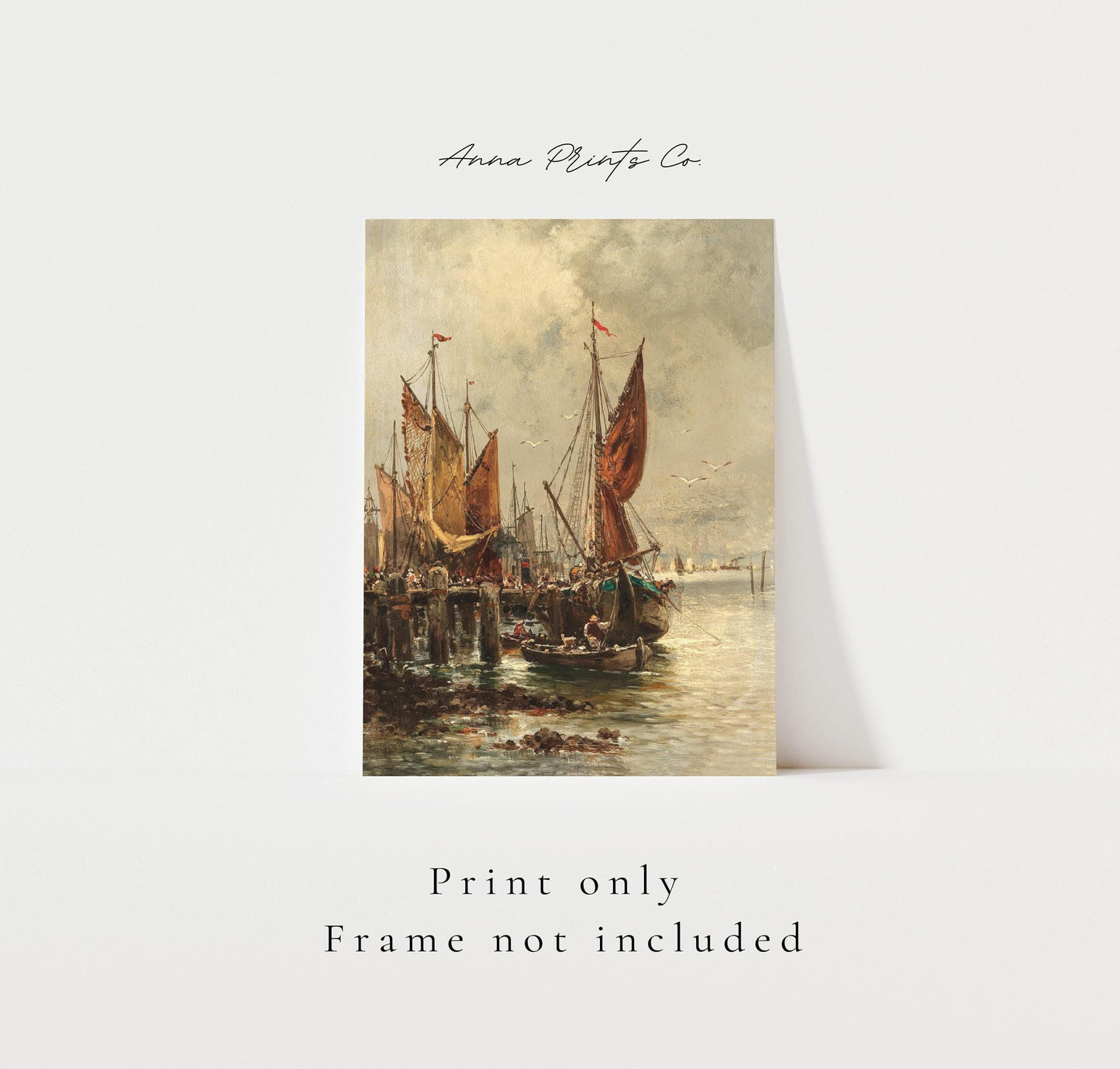 Vintage art print of Lively Scene in the Harbour Painting with text overlay stating frame not included