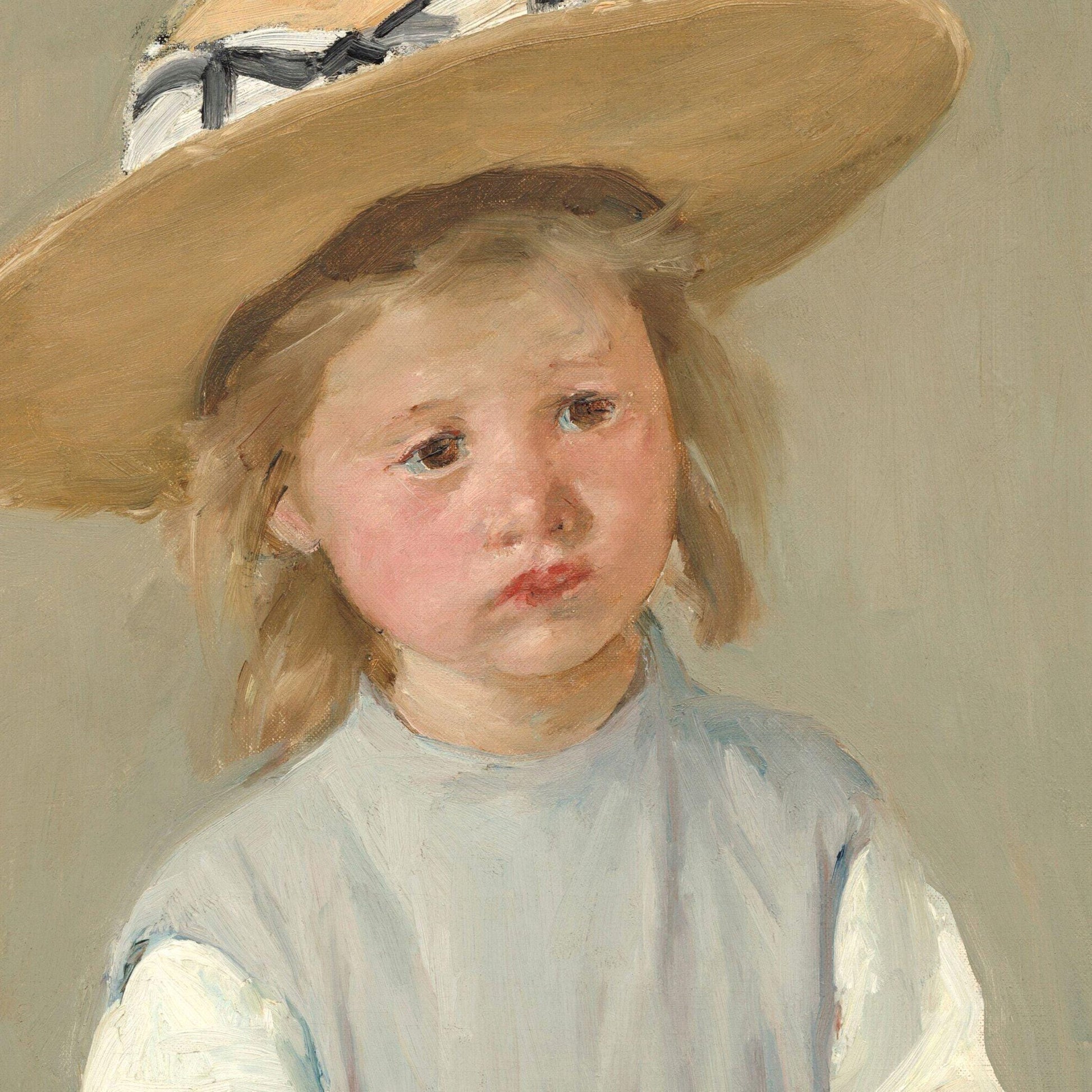 Painting of a young child wearing a wide-brimmed hat against a plain background