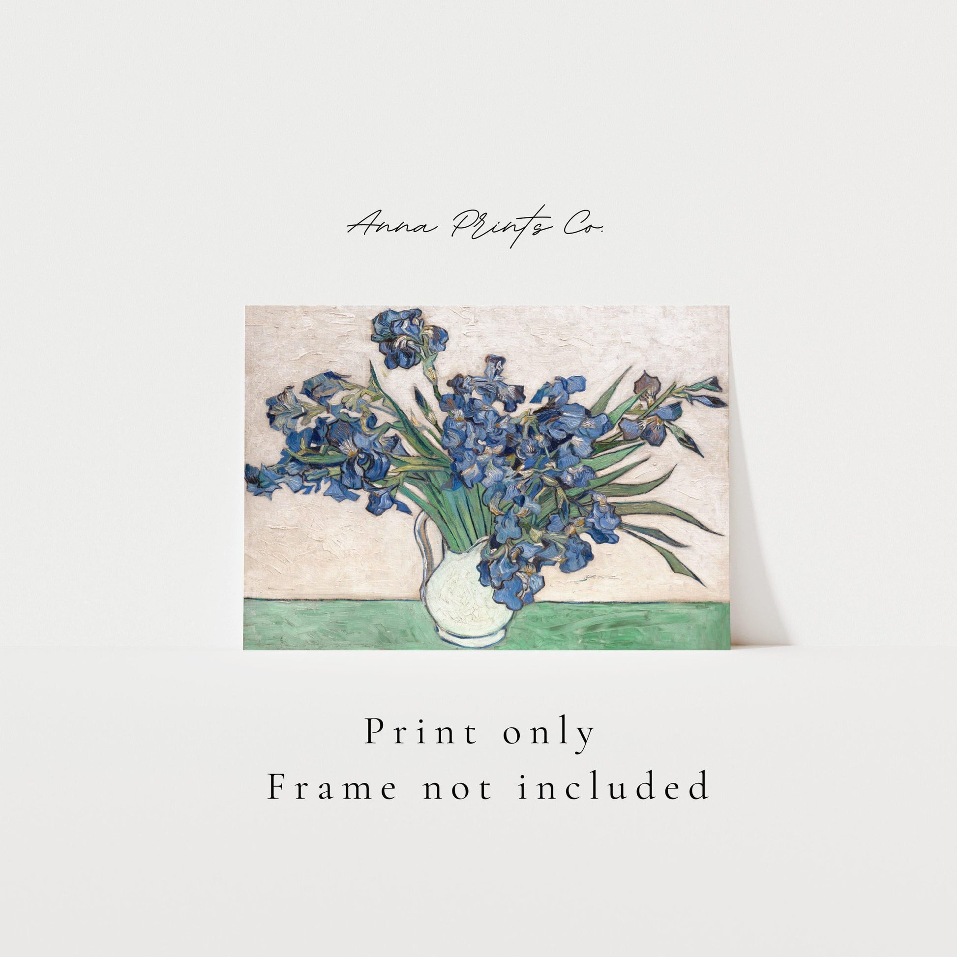 Vintage art print of Irises in Vase by Van Gogh with text overlay stating frame not included
