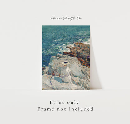 Vintage art print of The South Ledges, Appledore by Hassam with text overlay stating frame not included