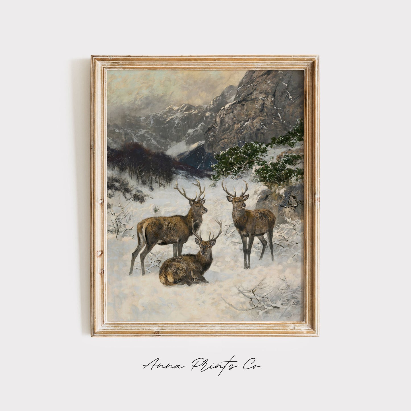 Vintage art print of Herd of Deer Winter Painting displayed in wooden frame