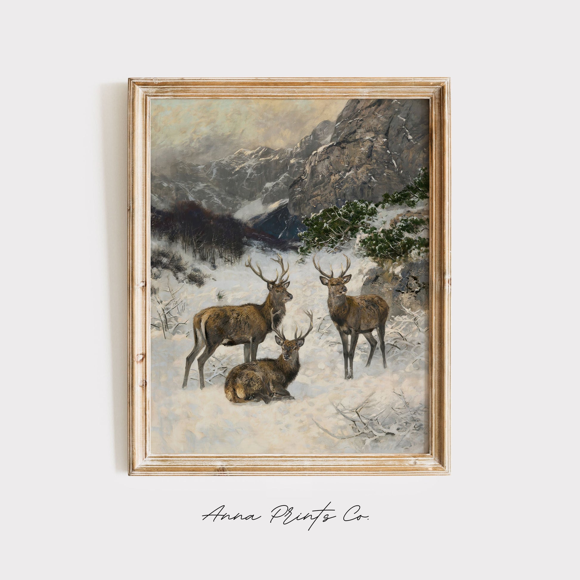 Vintage art print of Herd of Deer Winter Painting displayed in wooden frame