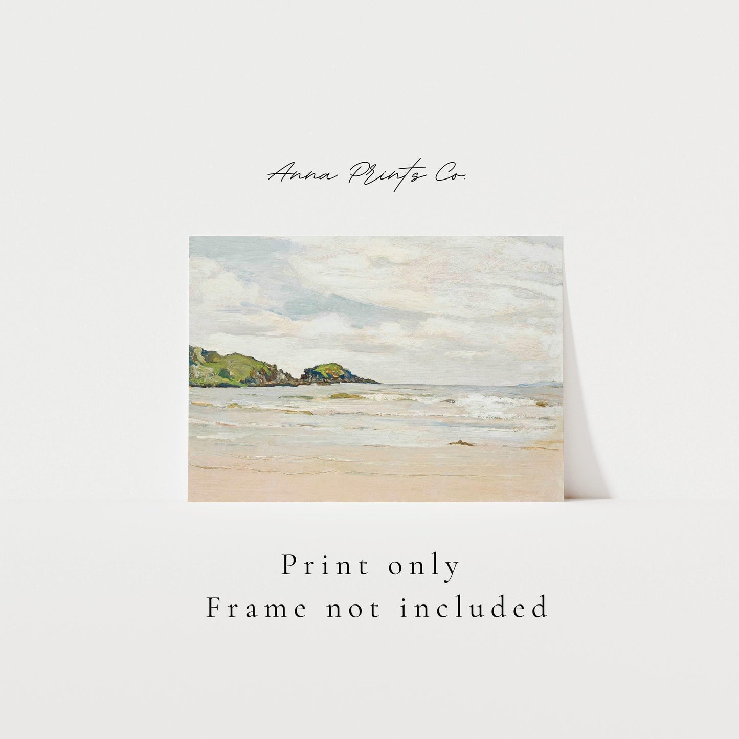 Vintage art print of Islay Beach Seascape Painting with text overlay stating frame not included