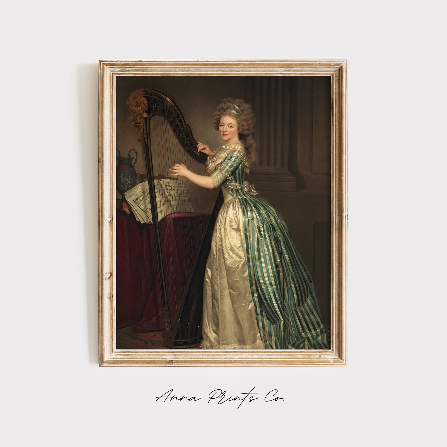 Vintage art print of Self-Portrait with a Harp Painting displayed in wooden frame