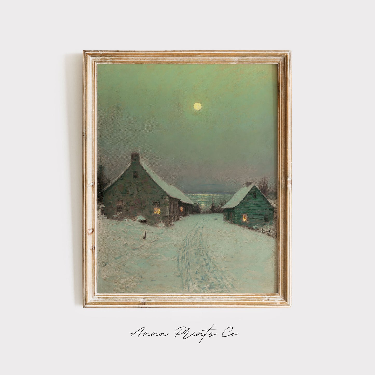 Vintage art print of Christmas Eve Winter Landscape displayed in wooden frame