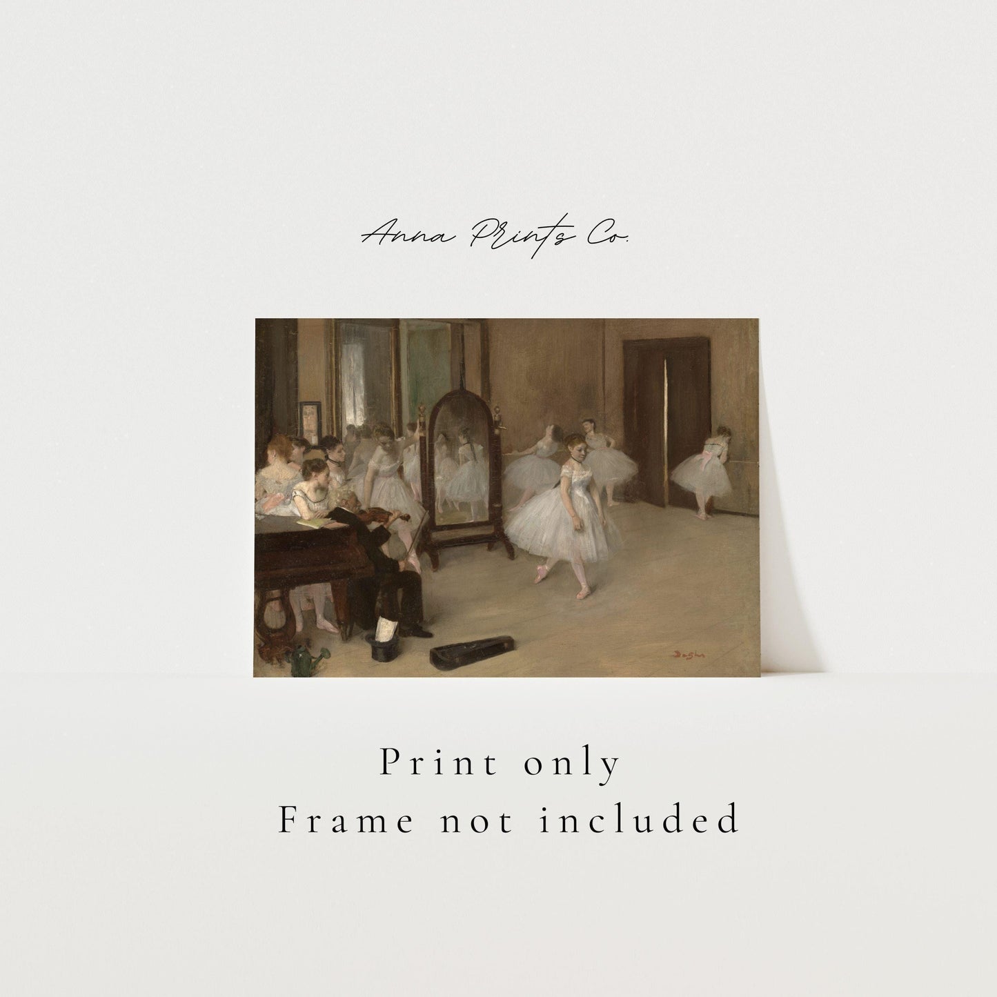 Vintage art print of The Dancing Class by Degas with text overlay stating frame not included