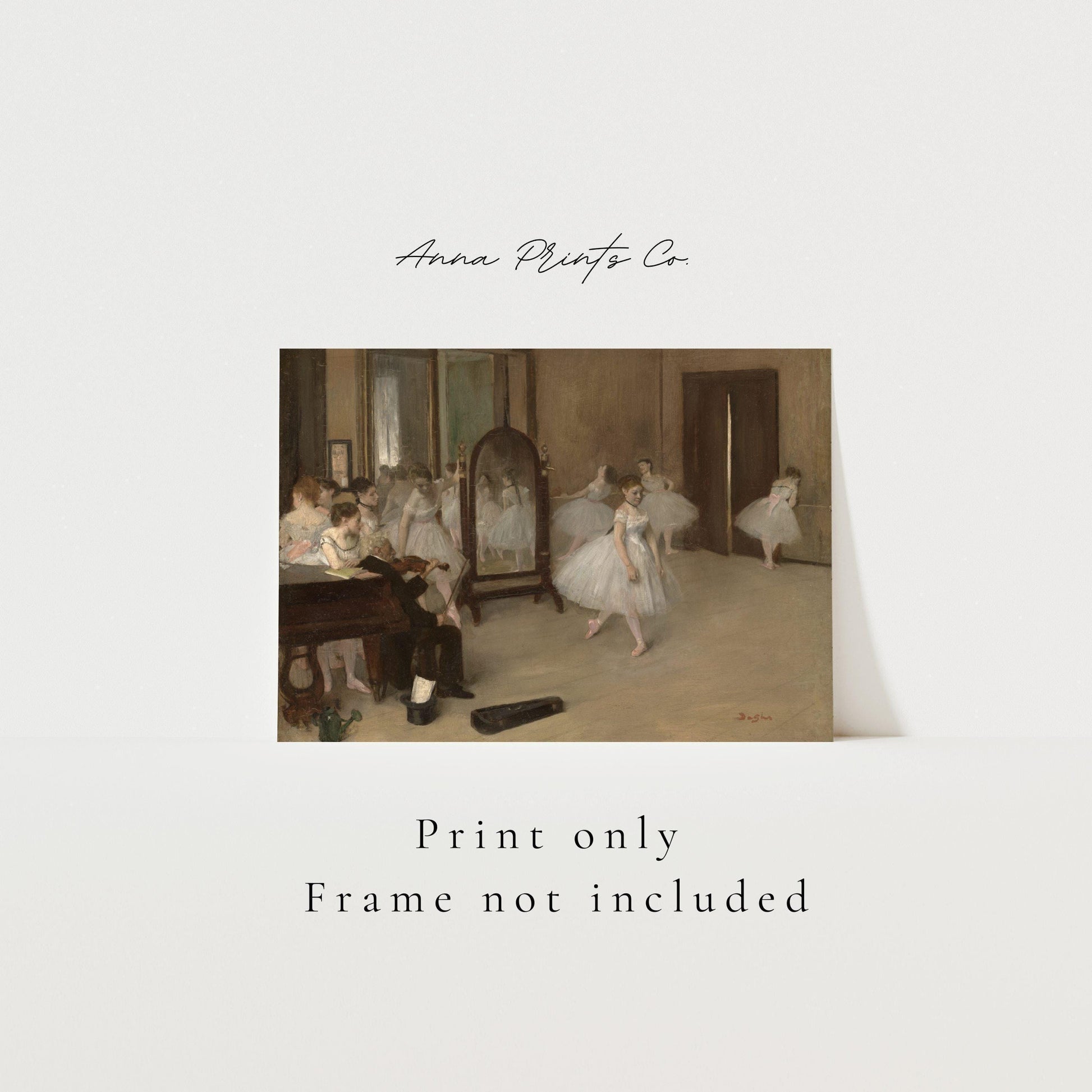 Vintage art print of The Dancing Class by Degas with text overlay stating frame not included