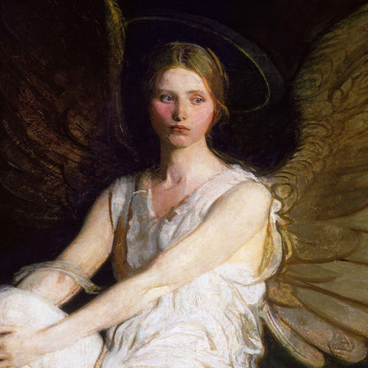 Painting of an angel with detailed wings and a white garment.