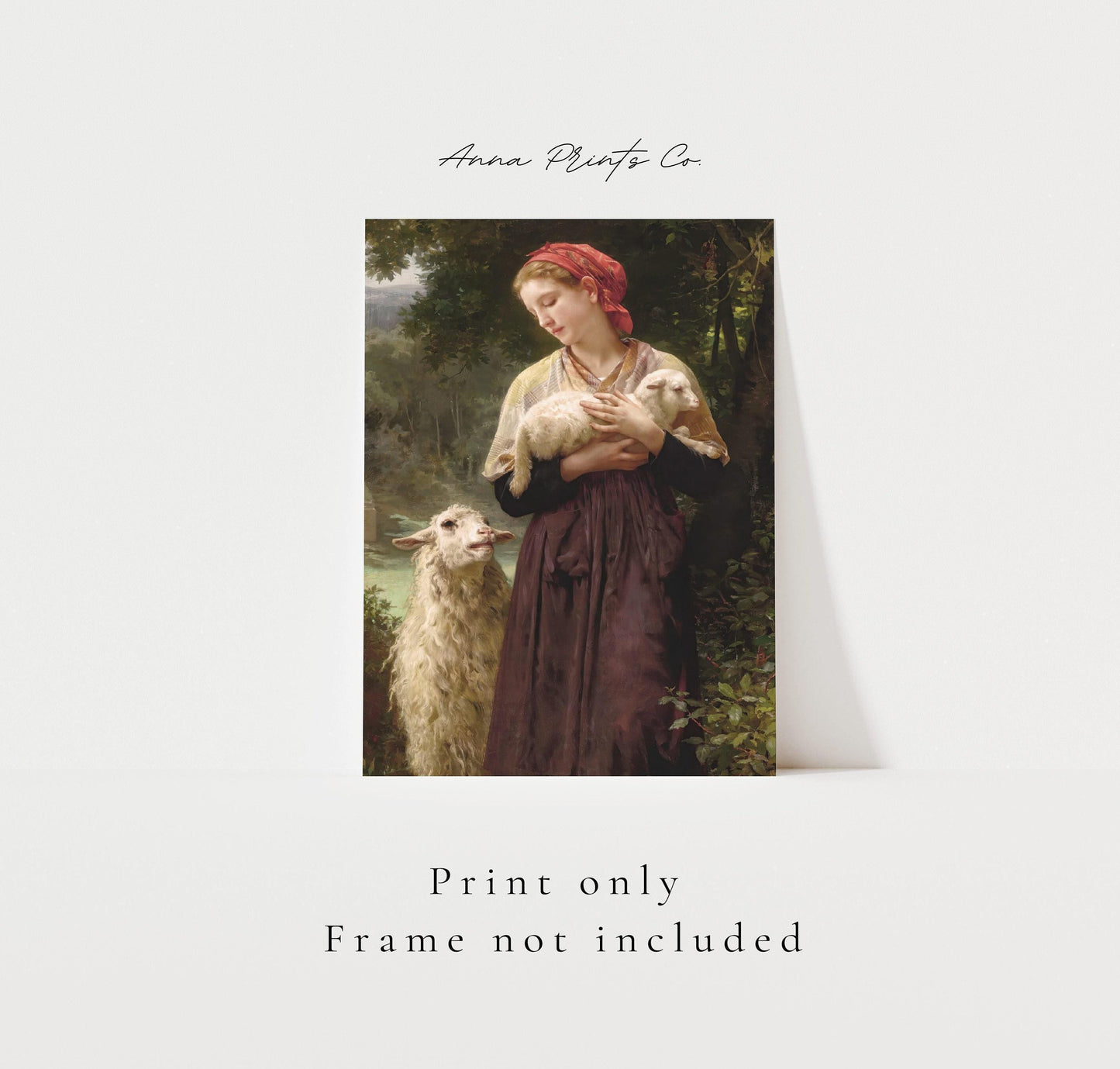 Vintage art print of The Newborn Lamb by Bouguereau with text overlay stating frame not included