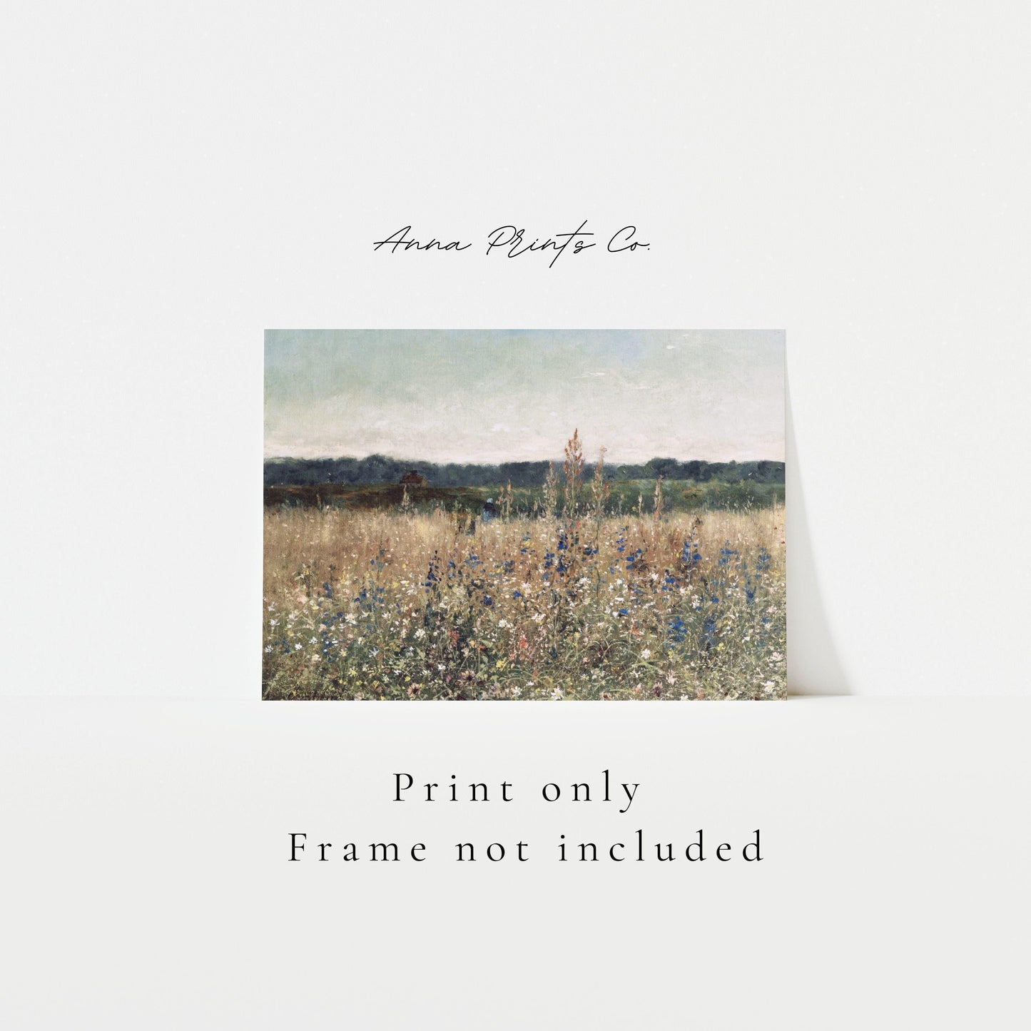 Vintage art print of Flower Field Landscape Painting with text overlay stating frame not included