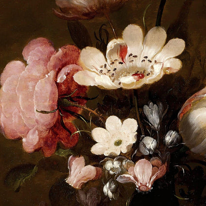 Close-up of a still life painting with flowers and insects on a dark background