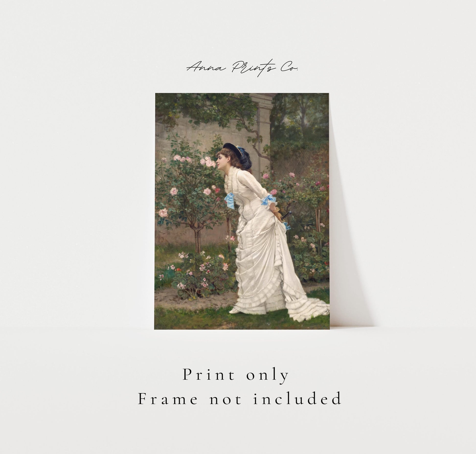 Vintage art print of Woman and Roses Cottage Painting with text overlay stating frame not included