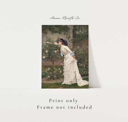 Vintage art print of Woman and Roses Cottage Painting with text overlay stating frame not included