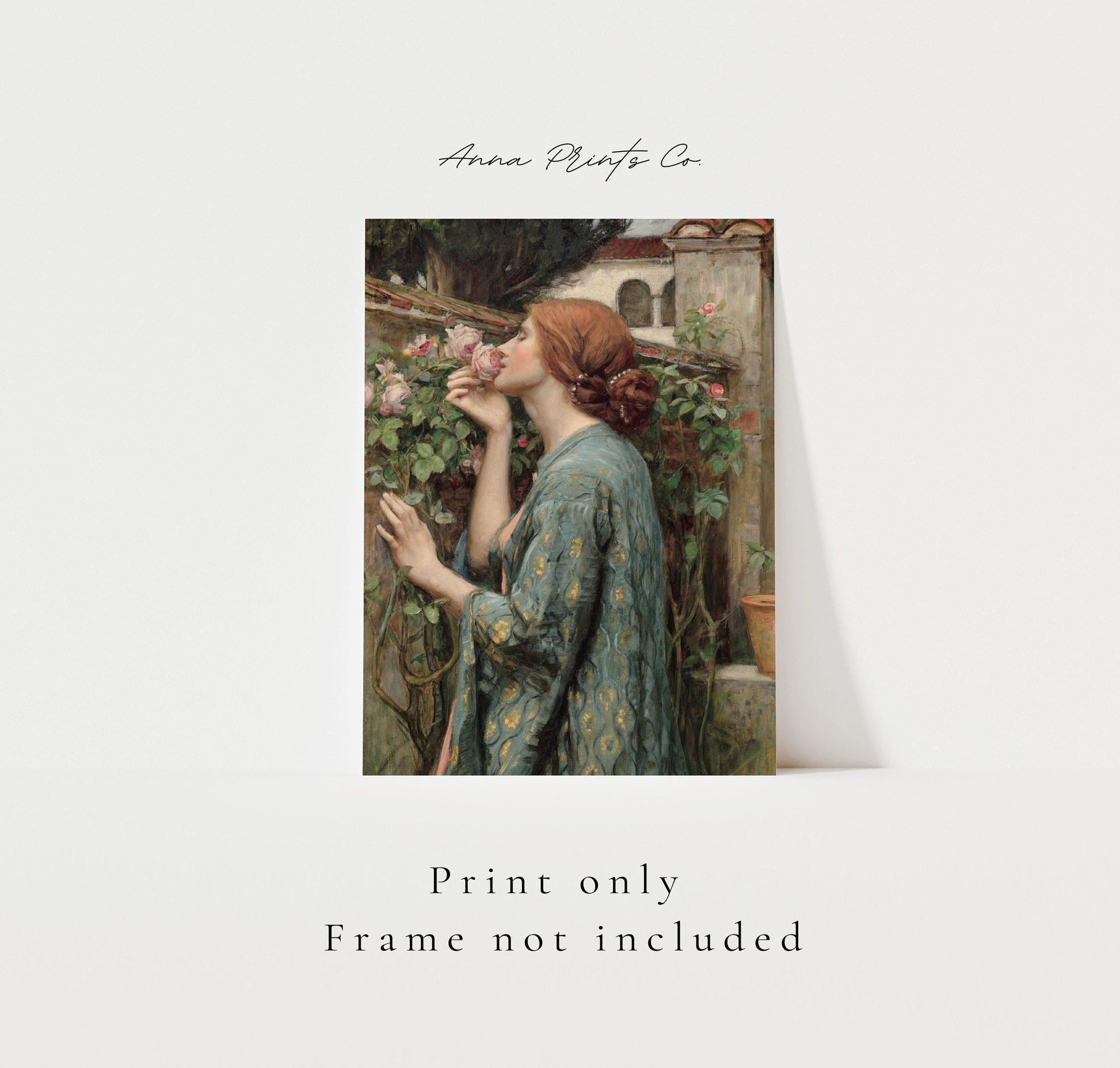 Vintage art print of The Soul of the Rose by Waterhouse with text overlay stating frame not included