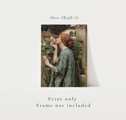 Vintage art print of The Soul of the Rose by Waterhouse with text overlay stating frame not included