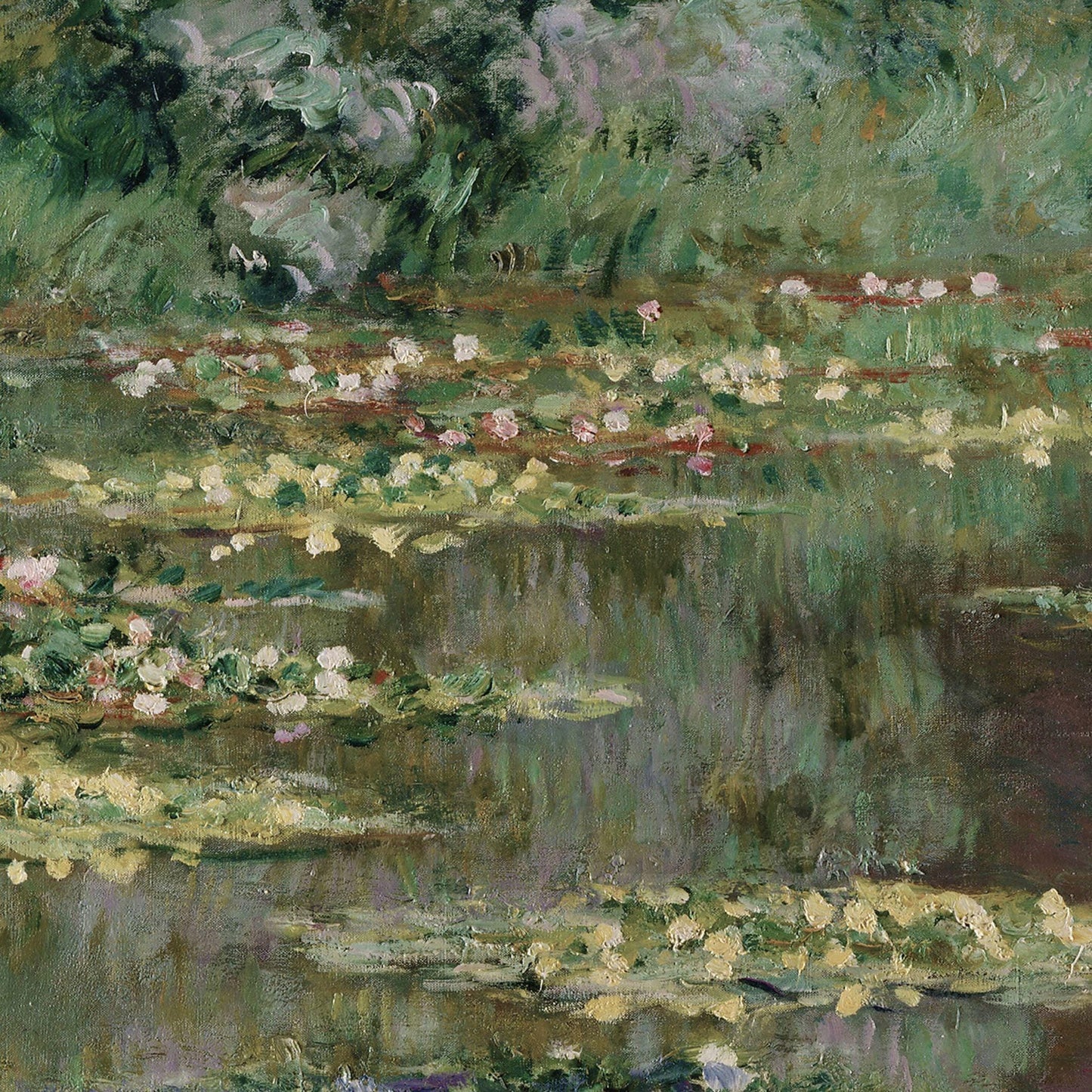 Painting of a pond with lilies and reflections